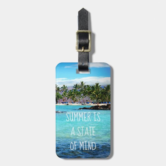 ハワイの青い海と緑のヤシの木「夏は」 ラゲッジタグ (正面縦)