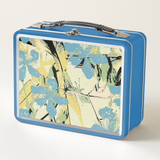 ハワイの黄色と青の花 メタルランチボックス (正面)