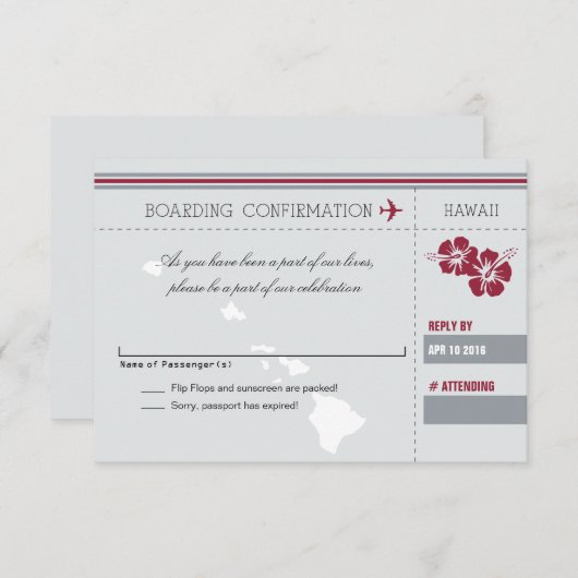 ハワイへの灰色の赤RSVPの搭乗券 出欠カード (正面/裏面)