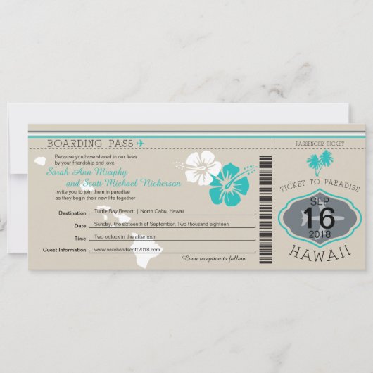 ハワイへの結婚式の搭乗券 招待状 (正面)