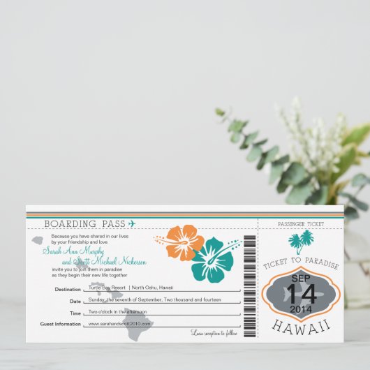 ハワイへの結婚式の搭乗券 招待状 (スタンド正面)