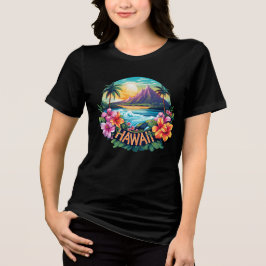 ハワイアロハビーチトロピカルフラワーズトラベルアート トライブレンドTシャツ