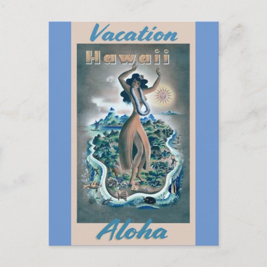 ハワイアロハフラダンサーヴィンテージトラベルポスター ポストカード (正面)