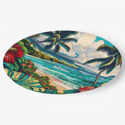 ハワイアンかわいらし島をテーマにした ペーパープレート (アングル)