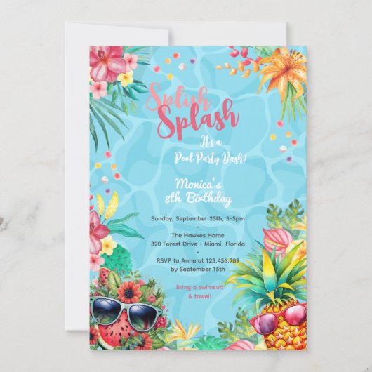 ハワイアンな水遊び夏プール誕生日パーティー 招待状 (正面)