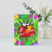 ハワイアンのテントウムシが四葉のクローバーに立っている ポストカード (スタンド正面)