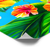 ハワイアンのハイビスカスの花が青い背景に ポスター (角)