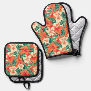 ハワイアンの熱帯の花と葉のパターン 鍋つかみ&鍋敷きセット