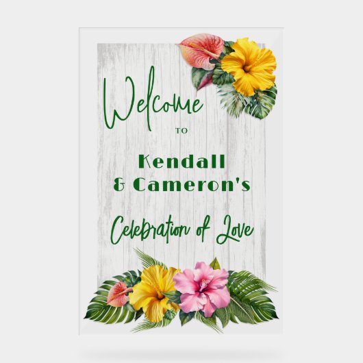 ハワイアンの結婚花の歓迎 アクリルサイン (正面)