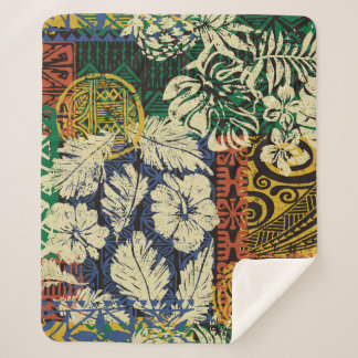 ハワイアンの部族エレメントとハイビスカスファブリックパッチ シェルパブランケット