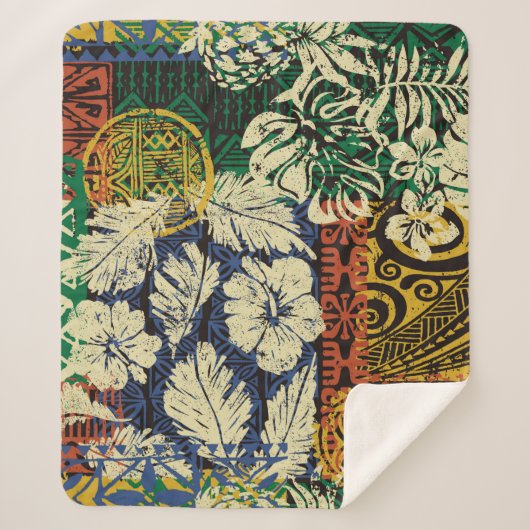 ハワイアンの部族エレメントとハイビスカスファブリックパッチ シェルパブランケット (正面)