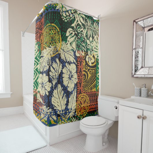 ハワイアンの部族エレメントとハイビスカスファブリックパッチ シャワーカーテン (インサイチュ)
