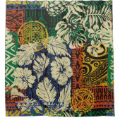 ハワイアンの部族エレメントとハイビスカスファブリックパッチ シャワーカーテン (正面)