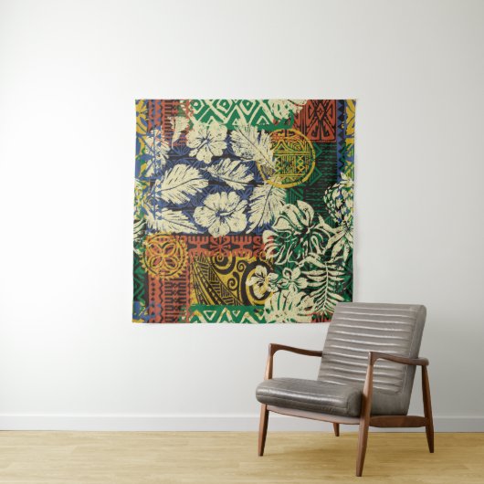 ハワイアンの部族エレメントとハイビスカスファブリックパッチ タペストリー (インサイチュ(横))