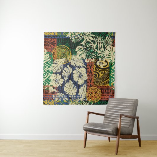 ハワイアンの部族エレメントとハイビスカスファブリックパッチ タペストリー (インサイチュ)