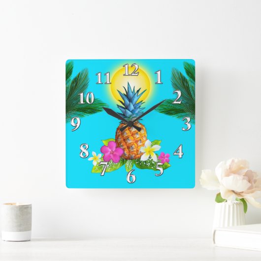 ハワイアンをテーマにしたデコ素晴らしール、パイナップル時計 スクエア壁時計 (ホーム)