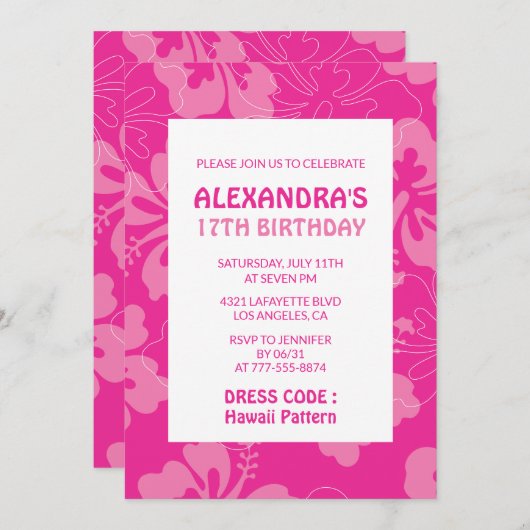 ハワイアンをテーマにした17th誕生日パーティーピンク 招待状 (正面/裏面)