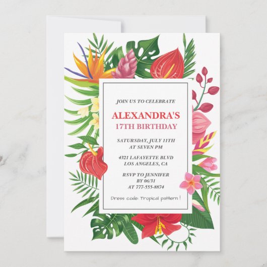 ハワイアンをテーマにした17th誕生日パーティーHibiscus 招待状 (正面)