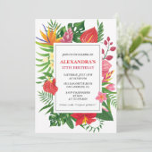 ハワイアンをテーマにした57歳の誕生日フローラ カラフル 招待状 (スタンド正面)
