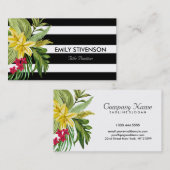 ハワイアンイエローフラワーと白黒ストライプ 名刺 (正面/裏面)