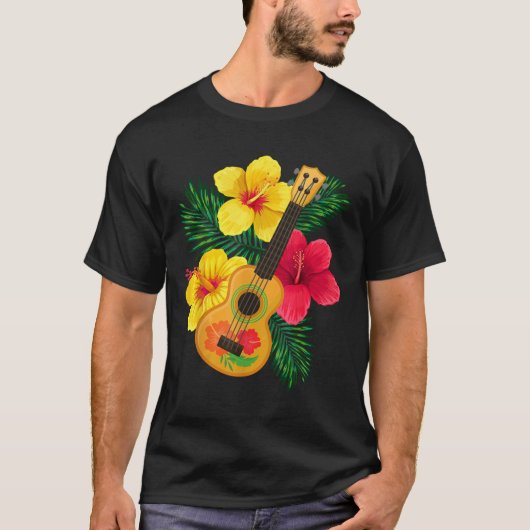 ハワイアンウクレレレトロウケハイビスカス Tシャツ (正面)