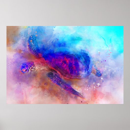 ハワイアンウミガメ水彩画ポスター ポスター (正面)