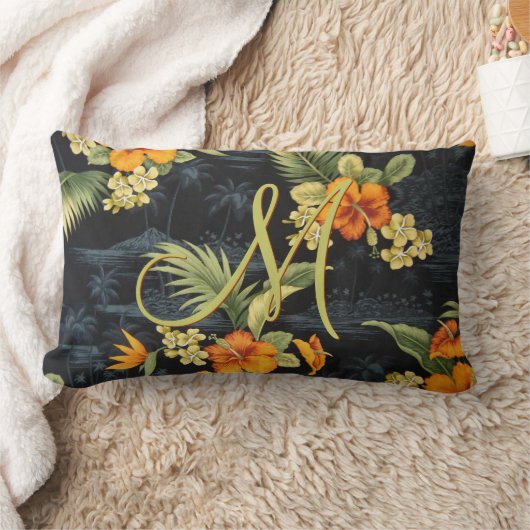 ハワイアンカスタムオレンジハイビスカスフラワーパターン ランバークッション (ブランケット)