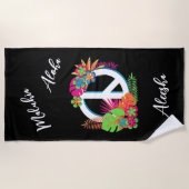 ハワイアンカラフルトロピカルピースラブブラック ビーチタオル (正面)