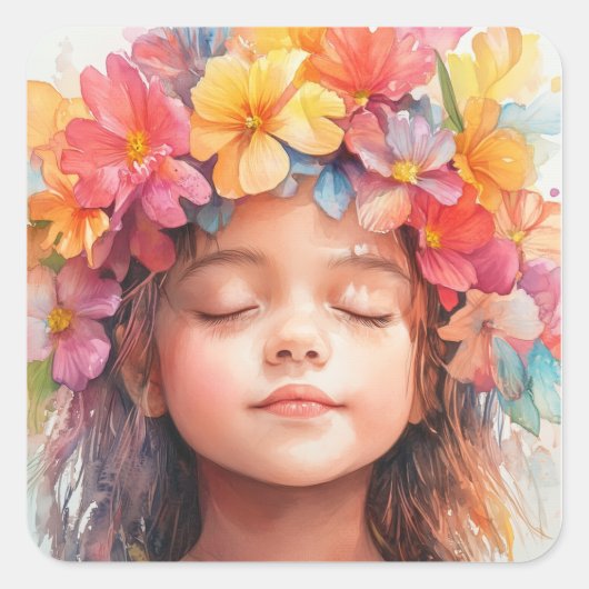 ハワイアンガールカラフルトロピカルフラワークラウン スクエアシール (正面)