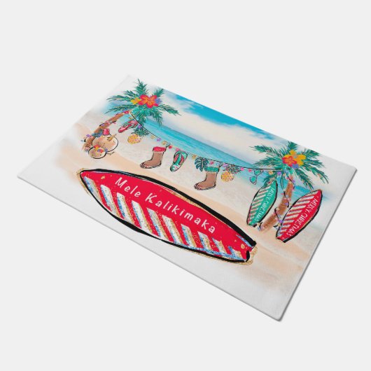 ハワイアンクリスマスサーフボードウェルカムマット ドアマット (アングル)
