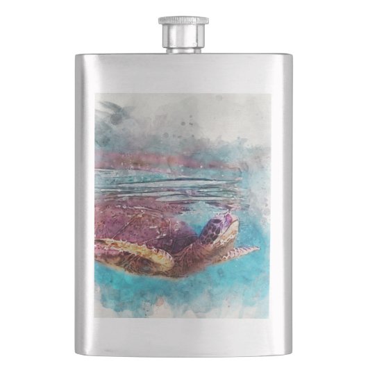 ハワイアングリーンシータートルウォーター絵画カラー フラスク (正面)