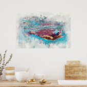 ハワイアングリーンシータートルウォーター絵画カラー ポスター (キッチン)