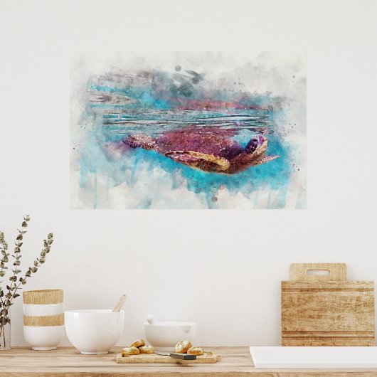 ハワイアングリーンシータートルウォーター絵画カラー ポスター (キッチン)