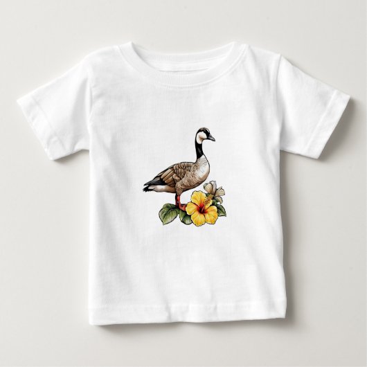 ハワイアングースと黄色いハイビスカスフラワー ベビーTシャツ (正面)