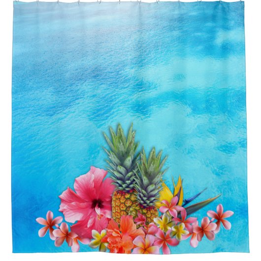 ハワイアンコレクションパイナップルプルメリアブルー海 シャワーカーテン (正面)