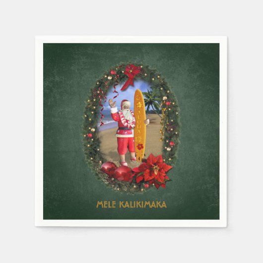 ハワイアンサンタウィズサーフボードアットザビーチ スタンダードカクテルナプキン (正面)