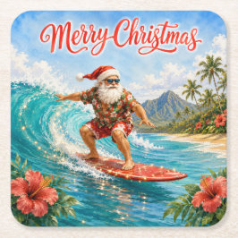 ハワイアンサーフィンサンタのメリークリスマス スクエアペーパーコースター