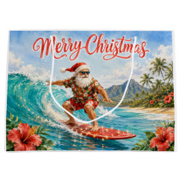 ハワイアンサーフィンサンタのメリークリスマス ラージペーパーバッグ