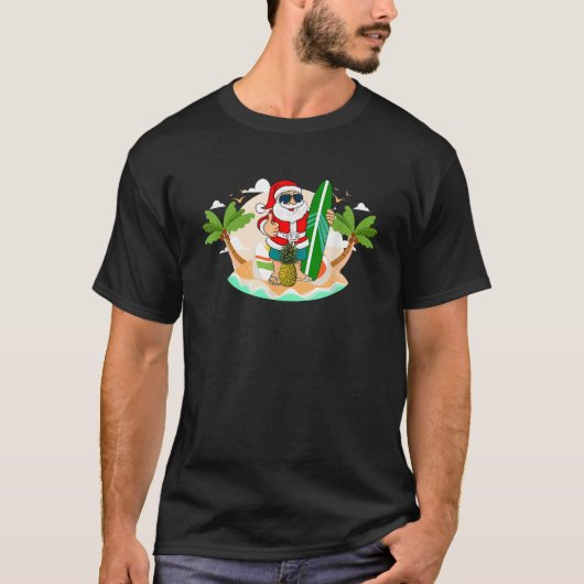 ハワイアンサーフィンサンタクロースまたはサーフビーチクリスチム Tシャツ (正面)