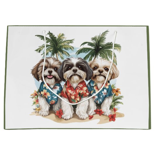 ハワイアンシャツを着たシーズー犬 ラージペーパーバッグ (正面)