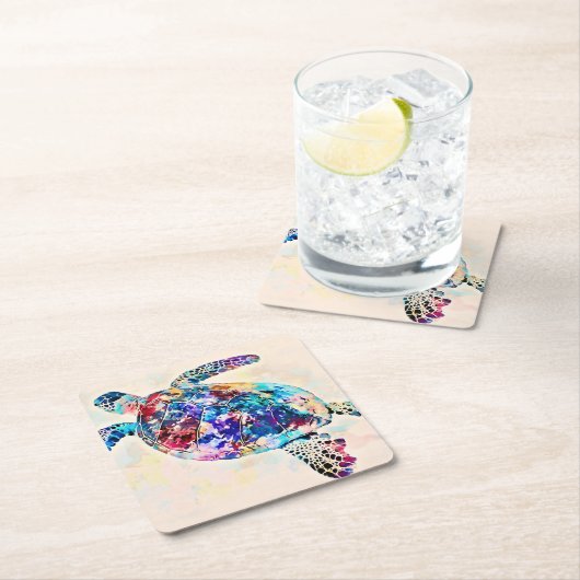 ハワイアンシータートルウォーターカラー スクエアペーパーコースター (インサイチュ)