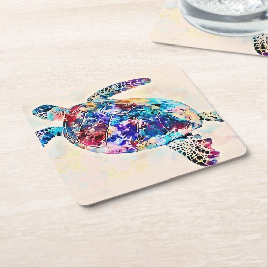 ハワイアンシータートルウォーターカラー スクエアペーパーコースター (アングル)