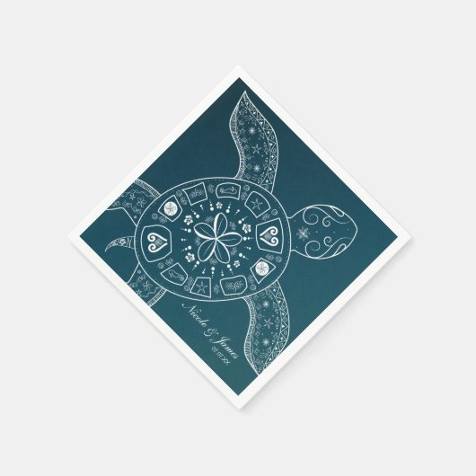 ハワイアンシータートルホワイトオンティール（緑がかった色）ビーチ結婚式 スタンダードカクテルナプキン (角)