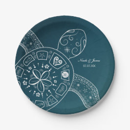 ハワイアンシータートルホワイトオンティール（緑がかった色）ビーチ結婚式 ペーパープレート