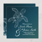 ハワイアンシータートルホワイトオンティール(緑がかった色)ビーチ結婚式 招待状 (正面/裏面)