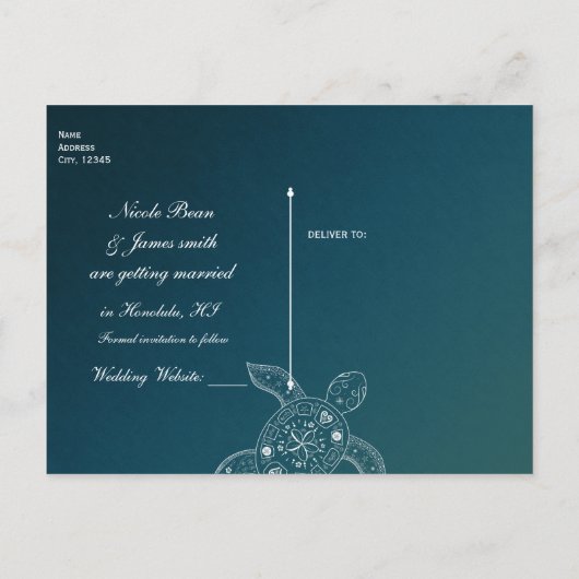 ハワイアンシータートルホワイトティール（緑がかった色）ビーチ保存日付 案内ポストカード (裏面)