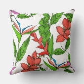 ハワイアンジャングルの緑と赤い夏のフローラ クッション (裏面)