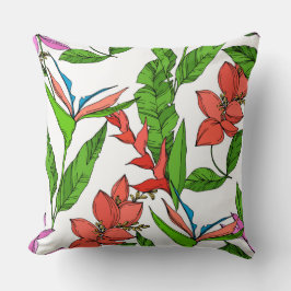 ハワイアンジャングルの緑と赤い夏のフローラ クッション