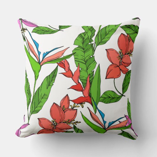 ハワイアンジャングルの緑と赤い夏のフローラ クッション (正面)