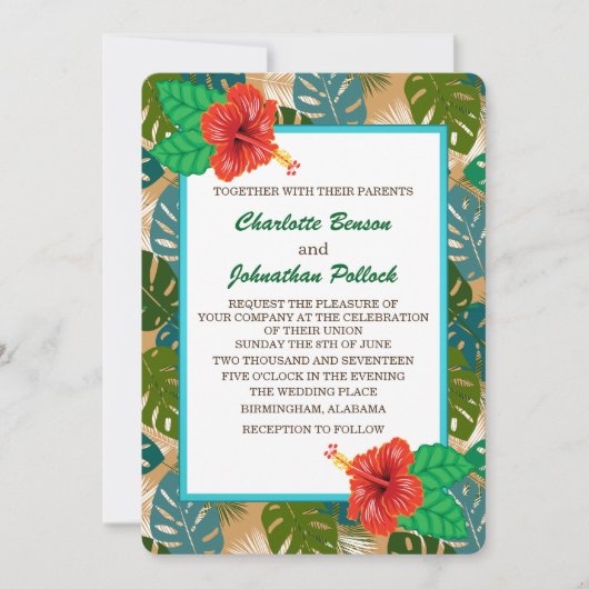 ハワイアンジャングルの葉ハイビスカスフラワー結婚ズ 招待状 (正面)